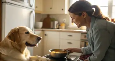 Dog watching as eggs are cooked in a cozy home kitchen.