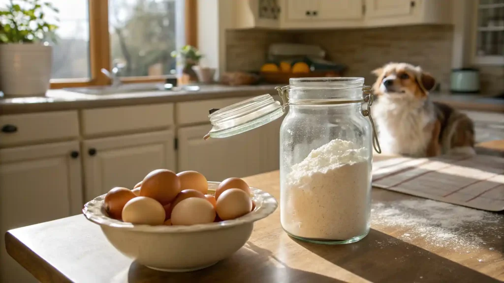 Jar of homemade eggshell powder next to whole eggs and a curious dog in the background.