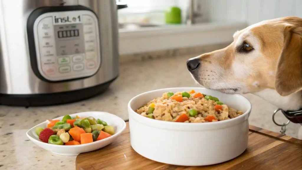 Instant Pot dog food with rice and veggies in a bowl on a kitchen counter.