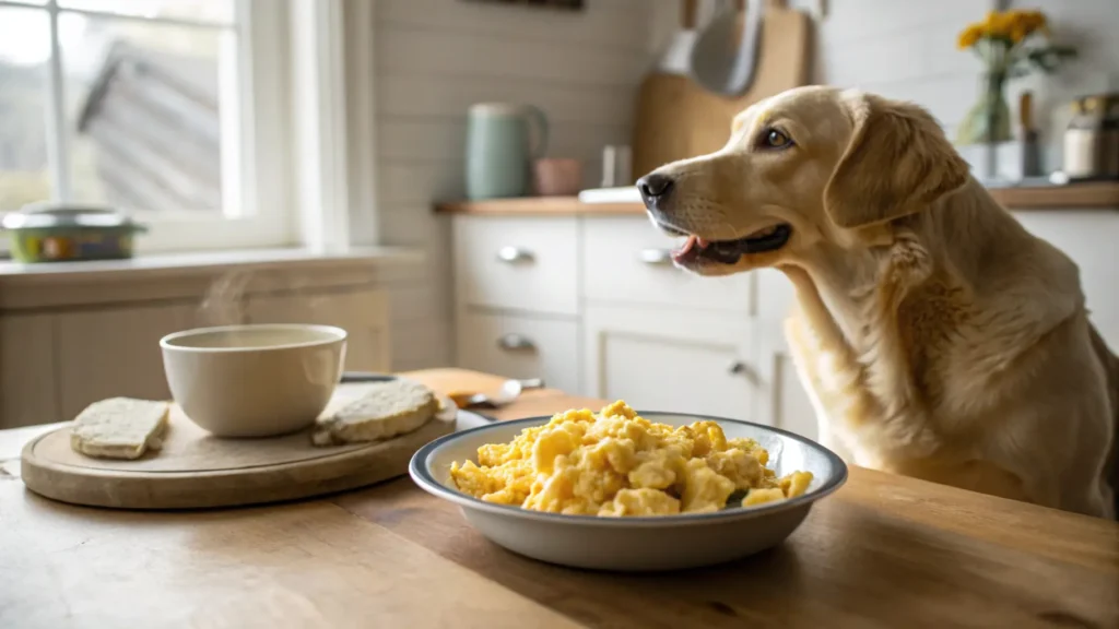 Dog waiting beside scrambled eggs on a kitchen table.