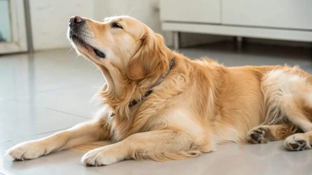 Itchy Golden Retriever lying indoors and scratching its neck