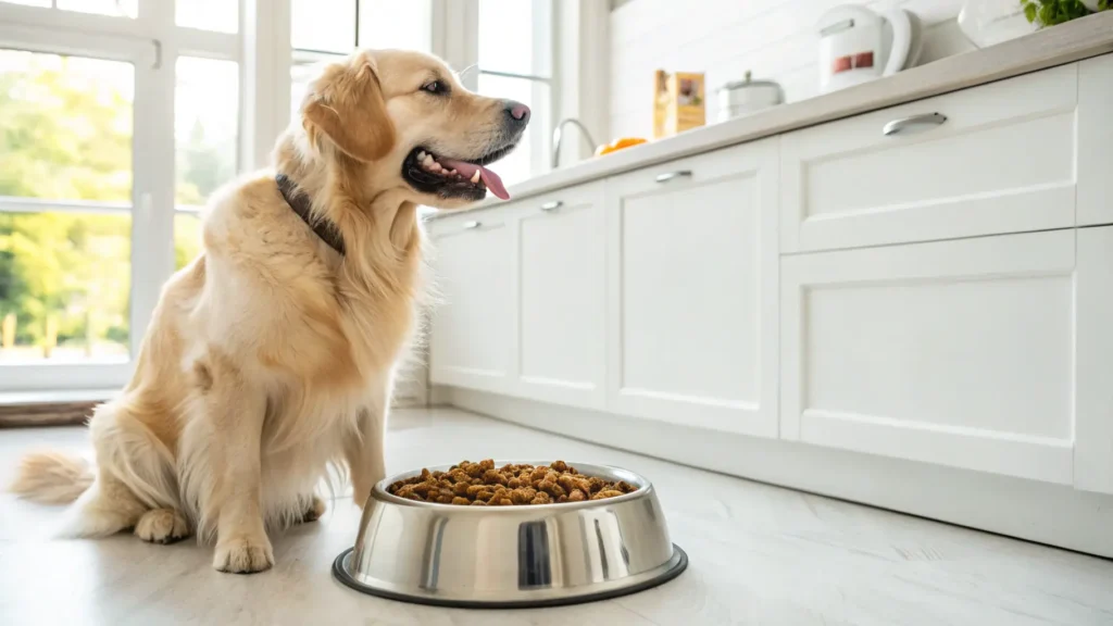 Happy Golden Retriever beside bowl of vet-recommended dog food