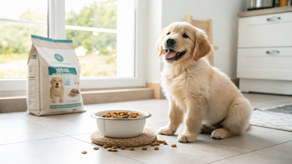Golden Retriever puppy sitting next to a bowl of dry puppy kibble