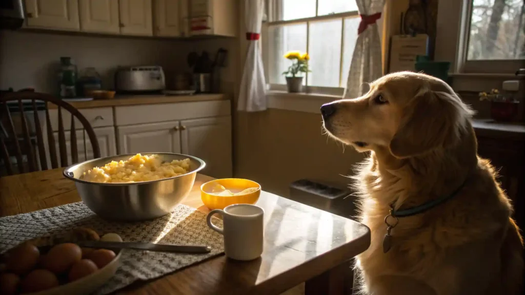 Golden retriever waiting by the table as scrambled eggs are prepared in a cozy home kitchen.