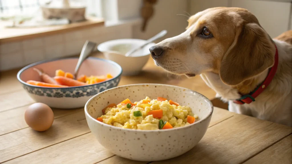 Dog waiting beside a bowl of homemade dog food with scrambled eggs.