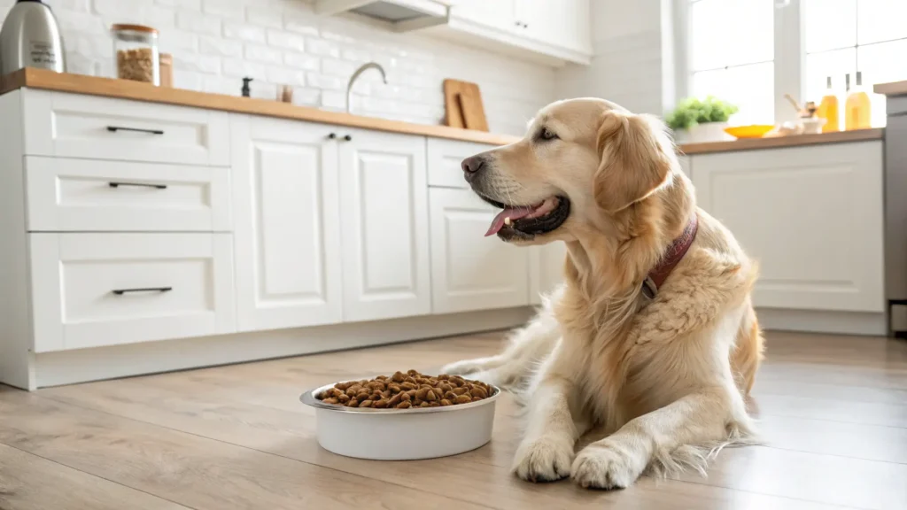 Golden Retriever sitting beside Royal Canin Golden Retriever Adult food bag
