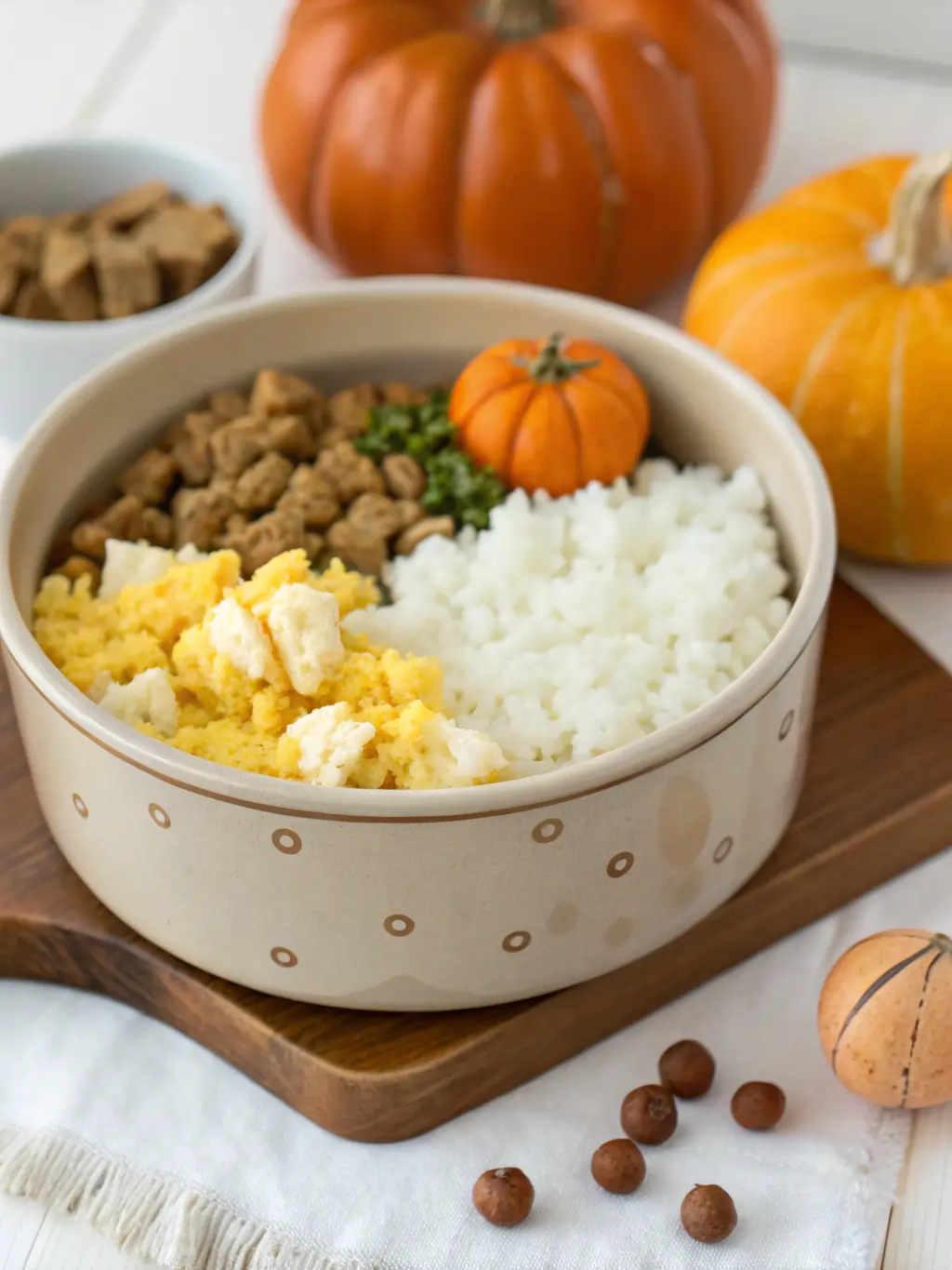 Dog bowl filled with scrambled eggs, white rice, and pumpkin.
