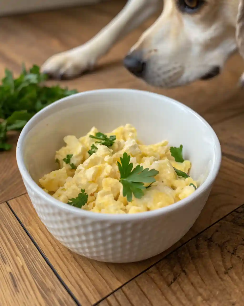 Simple dog-friendly scrambled eggs in a white bowl on a wooden table.