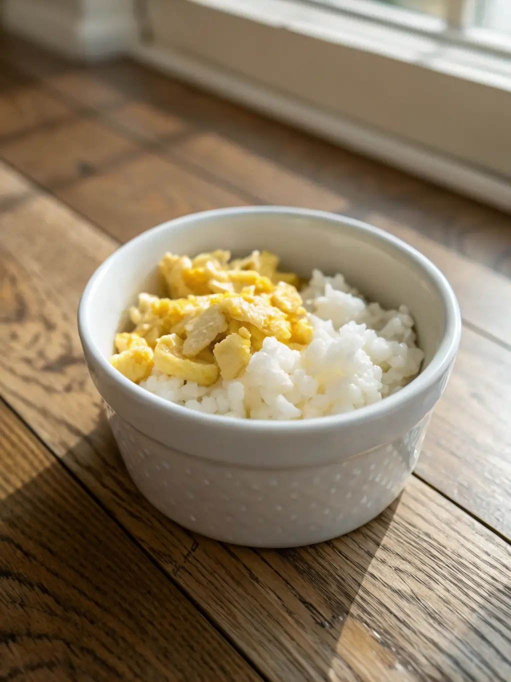 Dog bowl with soft scrambled eggs and rice.