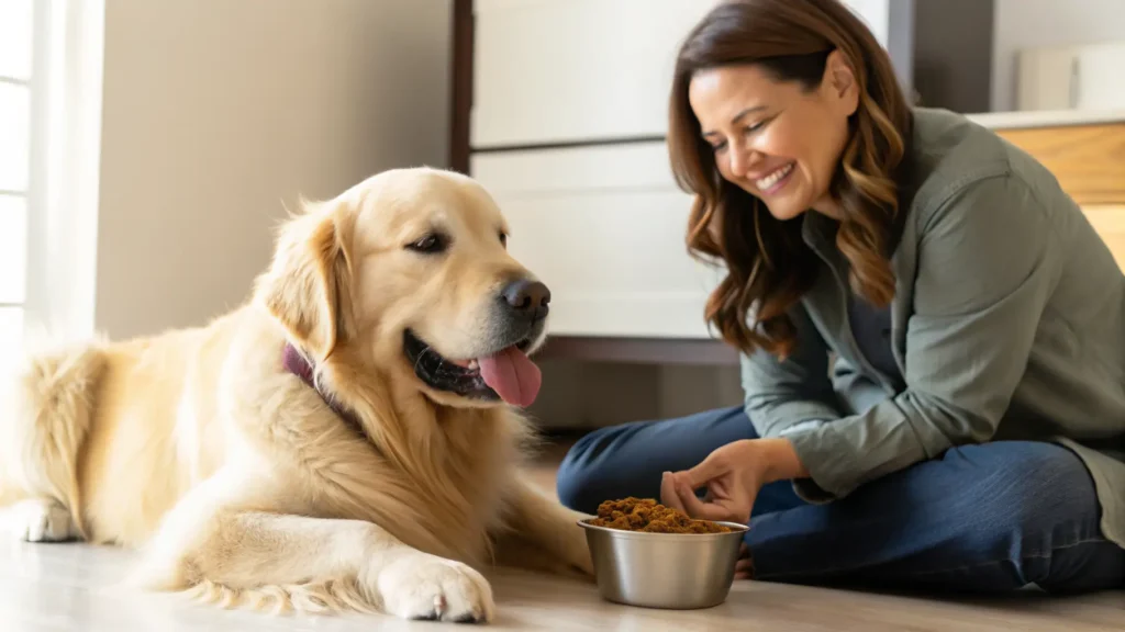 Golden Retriever sitting next to a bowl of AKC-recommended dry dog food