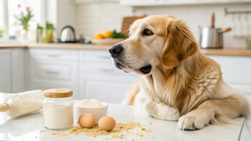 Dog near a jar of ground eggshell powder in a home kitchen.