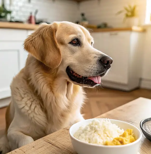 Dog sitting beside a bowl of rice and scrambled eggs prepared for a sensitive stomach.