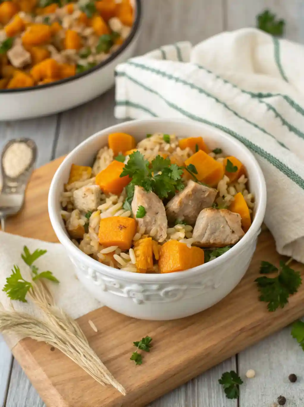 Turkey, pumpkin, and rice dog food in a ceramic bowl.