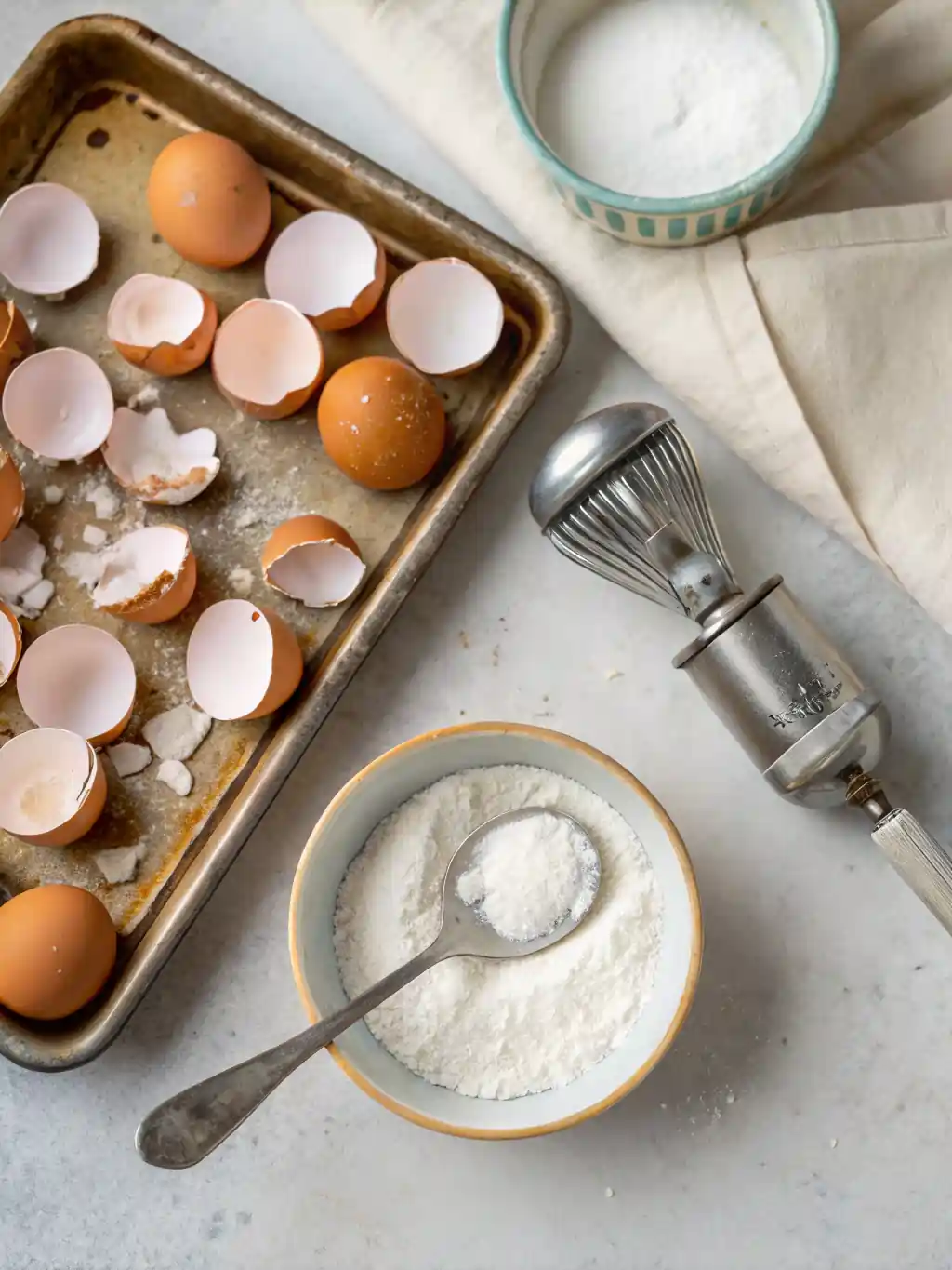 Oven-dried eggshells and ground eggshell powder prepared for dog food.