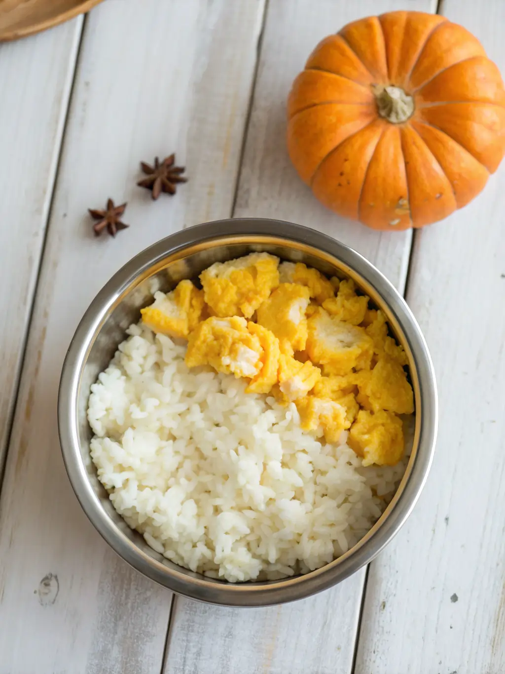 Dog food bowl filled with rice and scrambled eggs for digestive recovery.