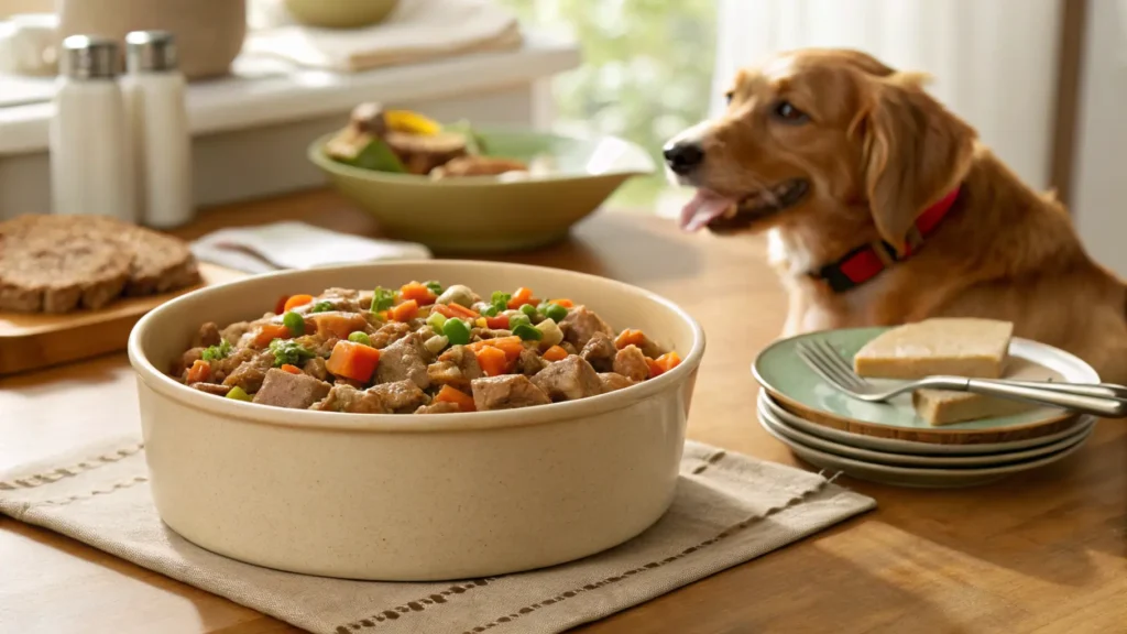 Wet dog food for weight loss served in a ceramic bowl