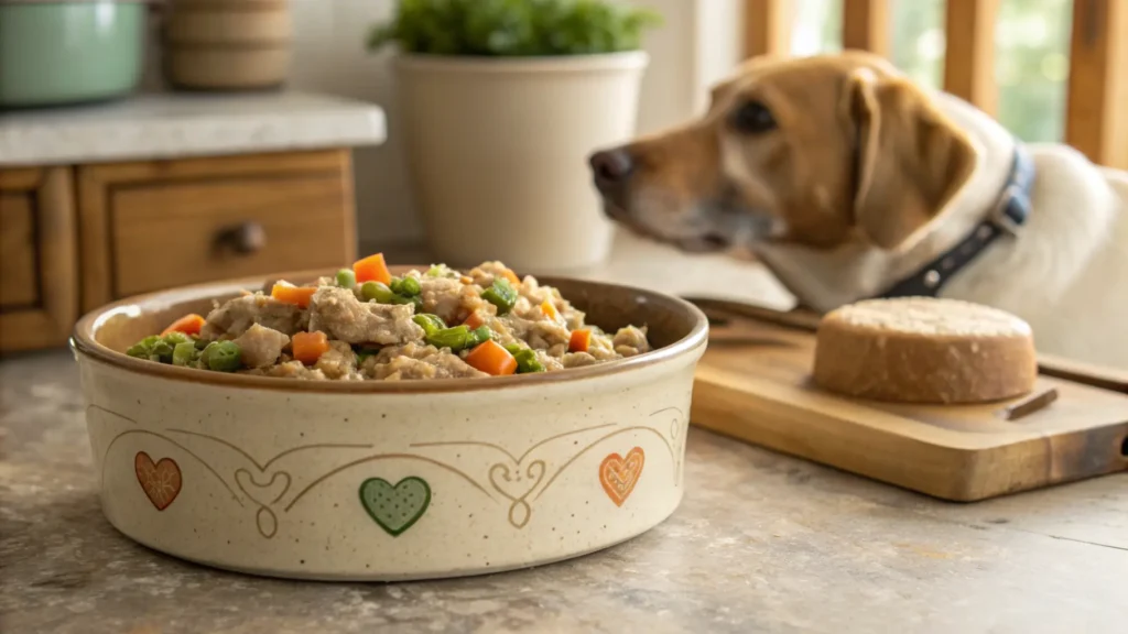 Bowl of low-calorie canned dog food with a dog waiting nearby