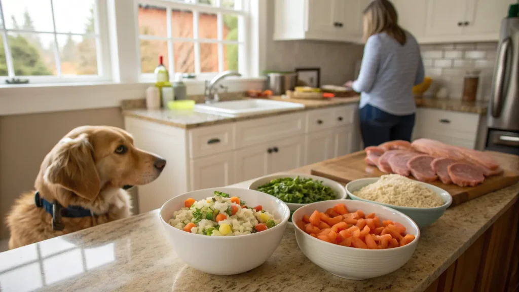 Dog waiting while owner prepares homemade dog food