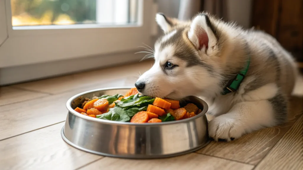 Husky puppy eating a balanced homemade meal