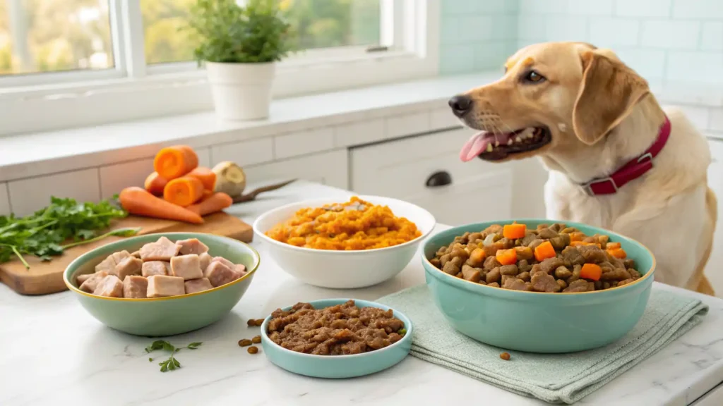 Dog looking at fresh homemade meals for weight loss