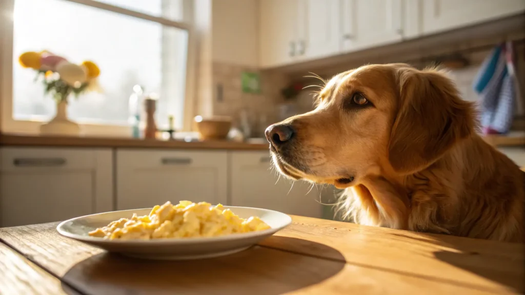 Golden retriever looking at a plate of scrambled eggs in a sunlit kitchen