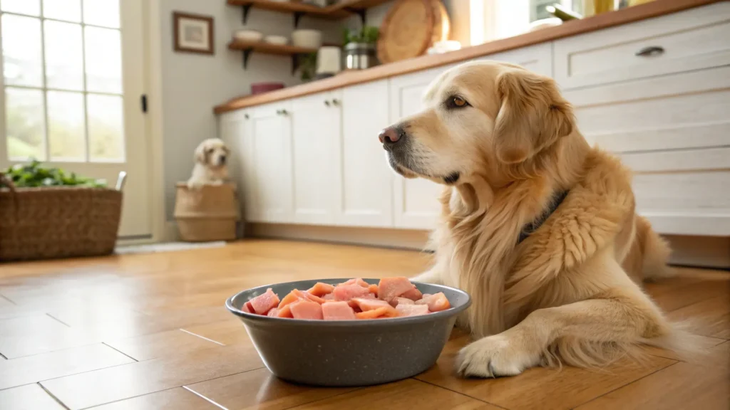 Golden Retriever eating hypoallergenic dog food for allergies