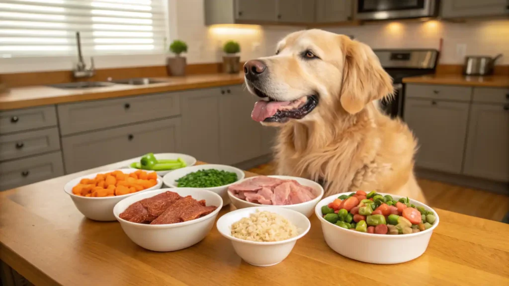 Dog sitting near fresh ingredients for homemade dog food