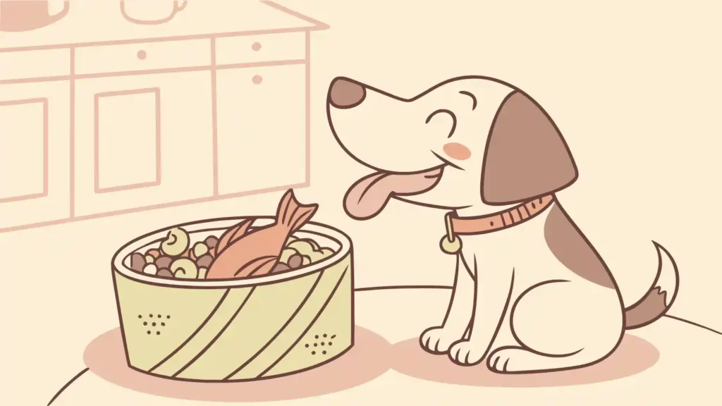 Dog eating homemade food with healthy fats like fish oil and chicken