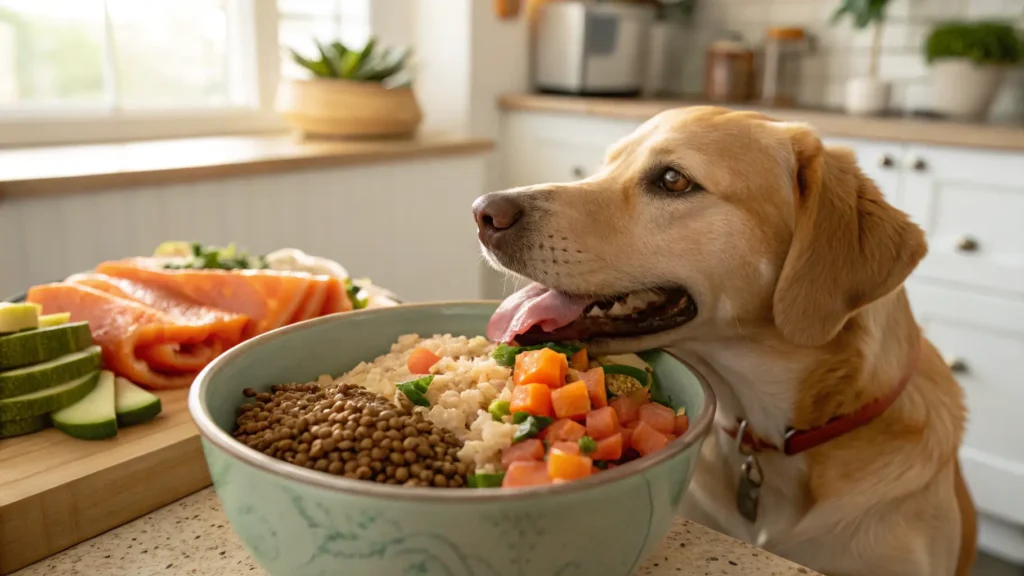 Dog eating homemade food with salmon, rice, and healthy fats