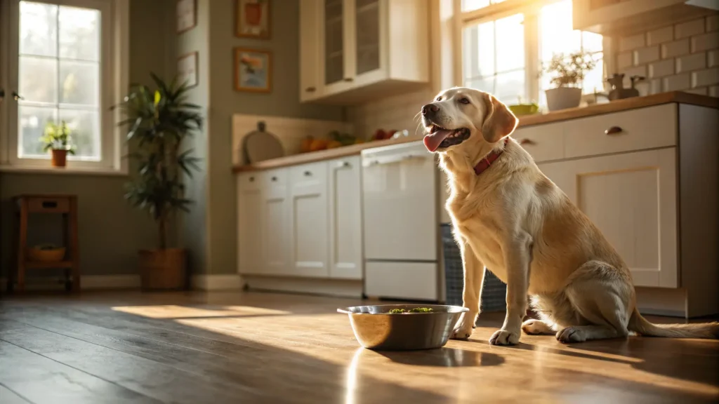 A dog looking up beside an empty food bowl, waiting to be fed
