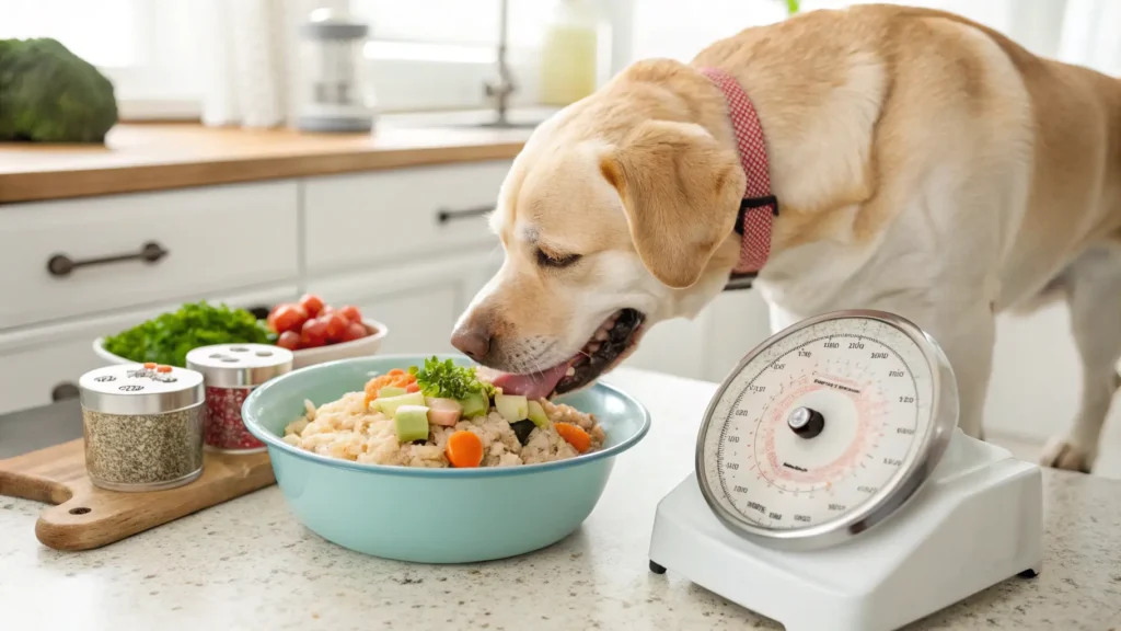 Dog eating homemade low-fat meal for weight loss
