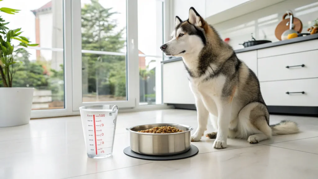 Husky sitting beside food bowl and measuring cup
