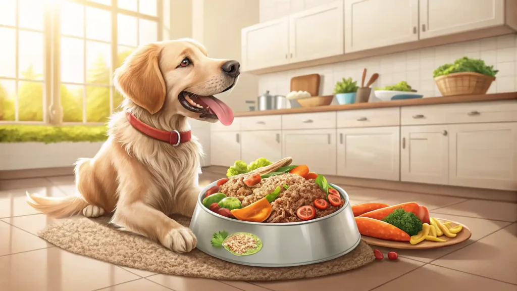 Dog eating homemade chicken-free dog food