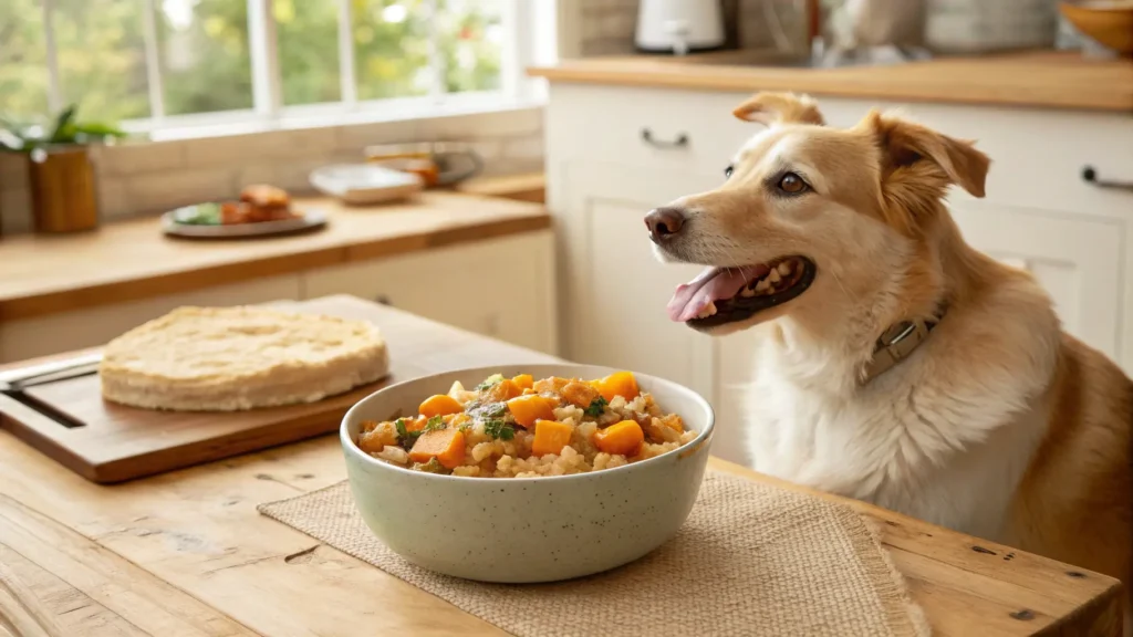 Dog beside a bowl of weight management wet food
