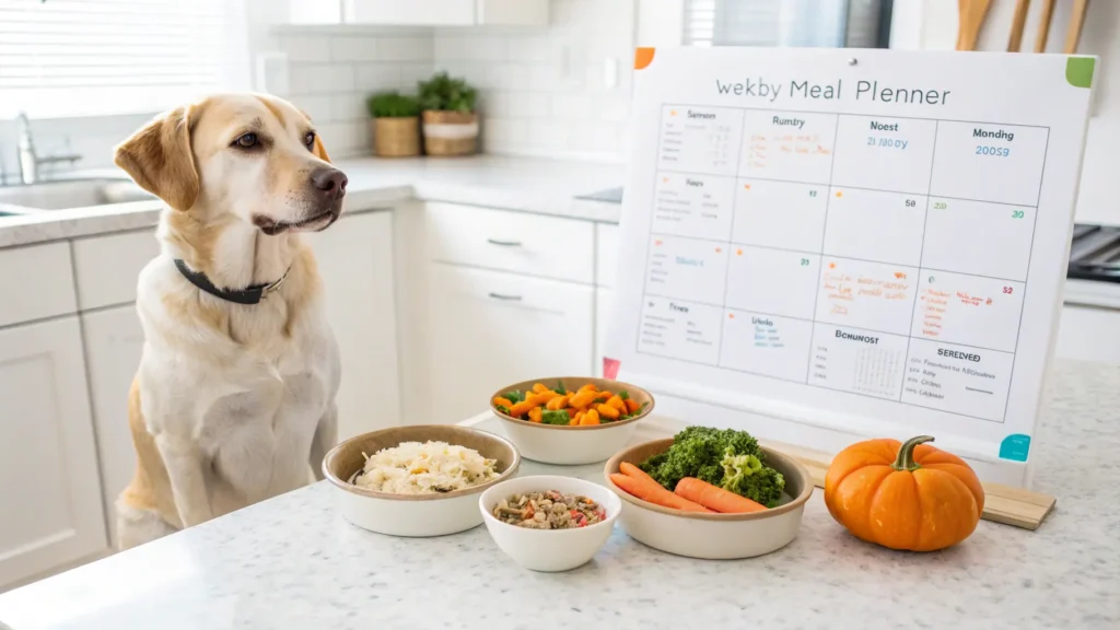 Dog with weekly low-fat meal plan and food bowls