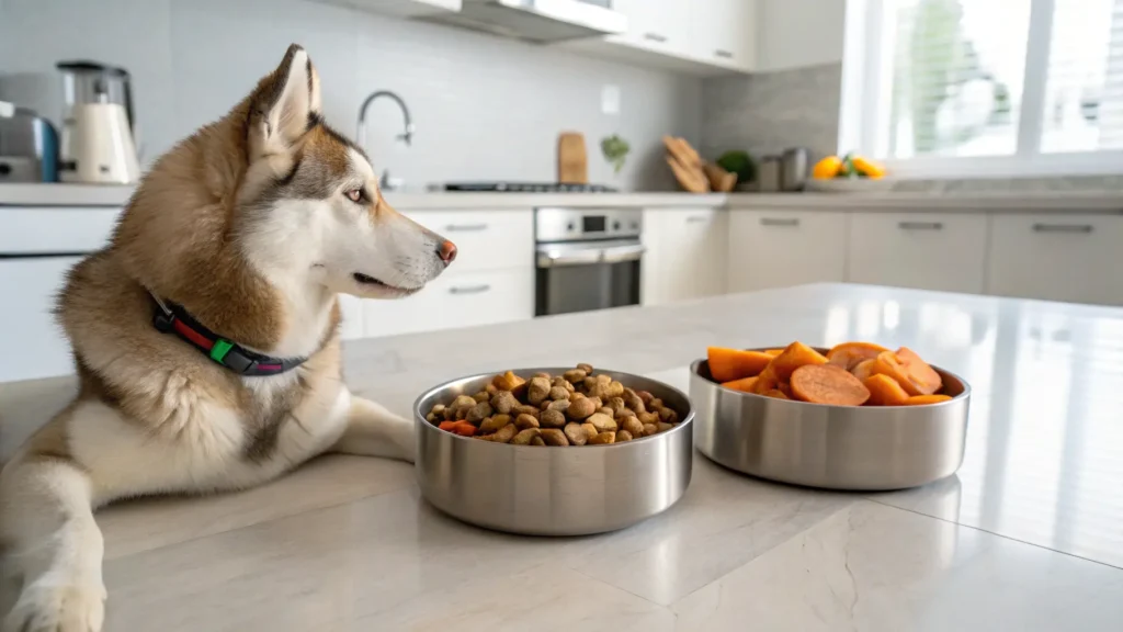 Siberian Husky with bowls of store-bought and homemade food