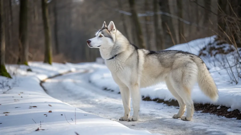 Healthy Siberian Husky standing on snowy trail