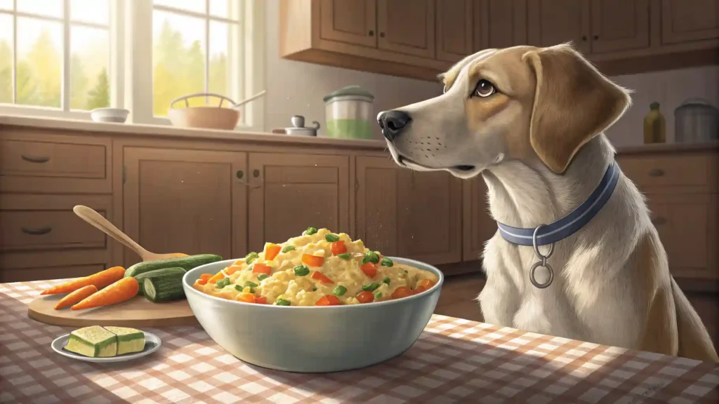 Dog with a bowl of scrambled eggs and vegetables