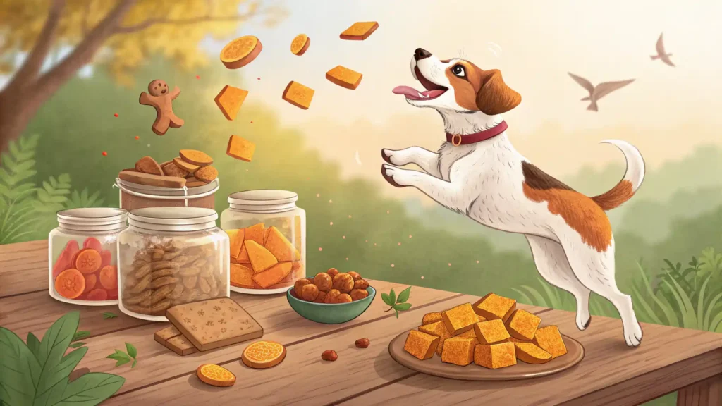 Dog catching a homemade low-fat treat mid-air