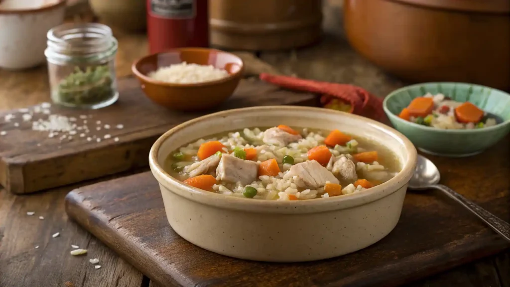 Low-fat canned dog food in a ceramic bowl with a dog waiting