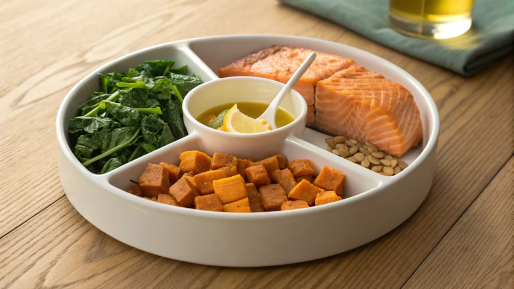 Balanced dog diet with salmon, sweet potato, fish oil, and greens