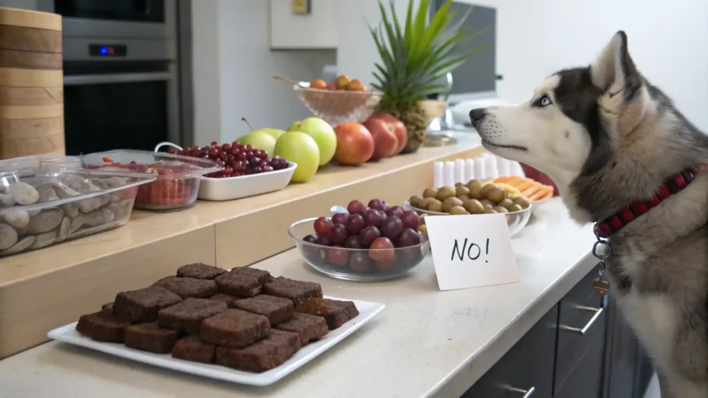 Husky looking at unsafe foods on a kitchen counter