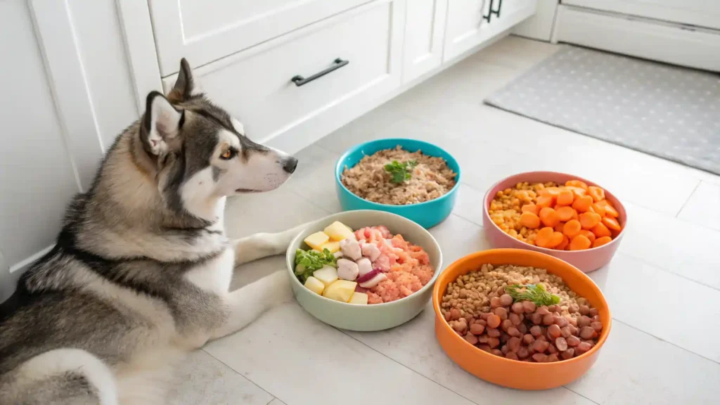 Siberian Husky with three bowls of homemade food recipes