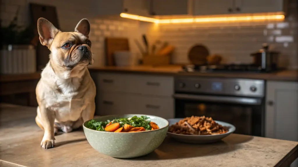 Small dog next to a bowl of allergy-friendly homemade dog food with sweet potato and turkey.