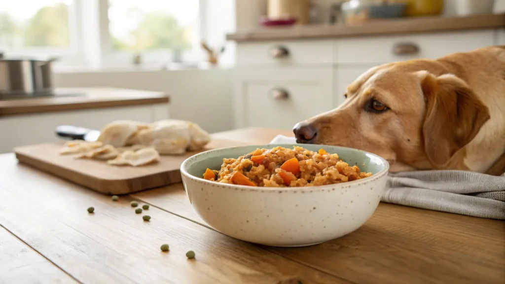 Homemade recovery food for dogs in a bowl with a resting dog