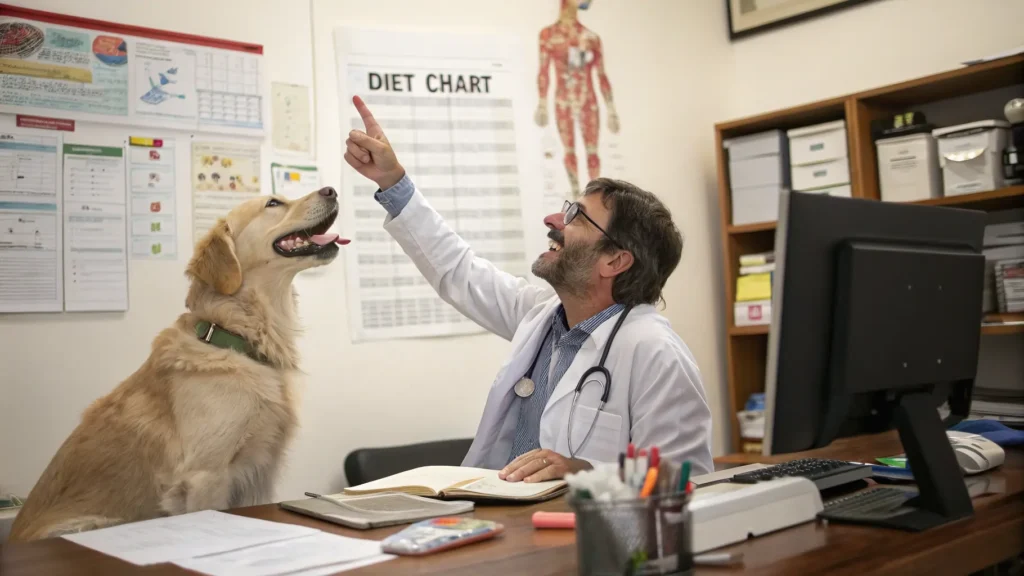 Veterinarian explaining diet dog food to dog owner