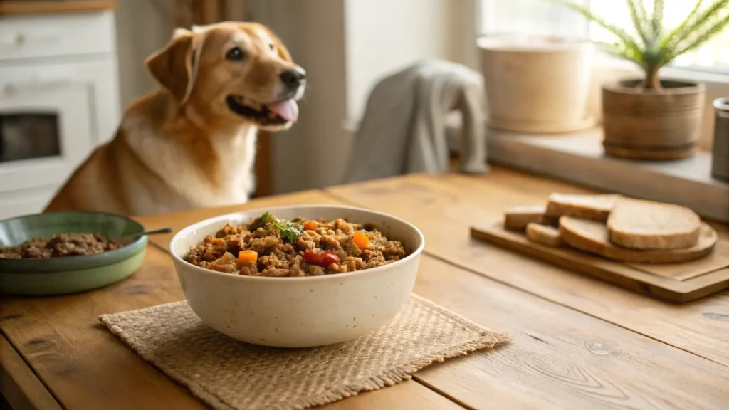 Homemade low-fat dog food in a bowl with a happy dog nearby