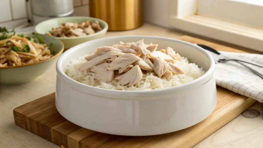 Bowl of homemade bland diet for dogs with boiled chicken and rice.