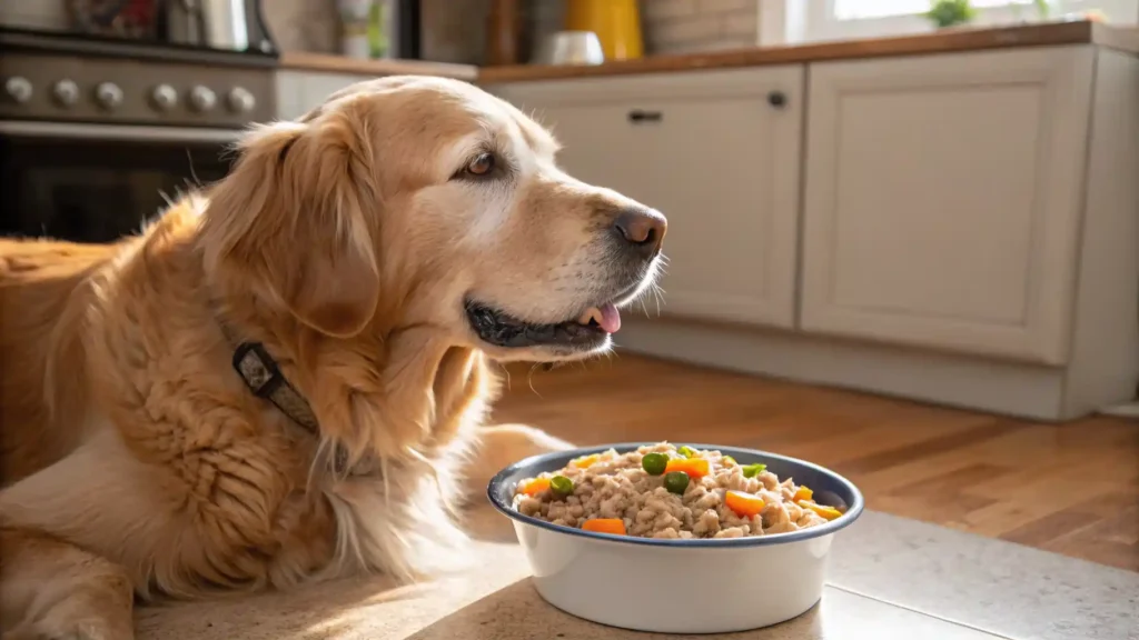 Senior dog with a bowl of low-fat homemade food