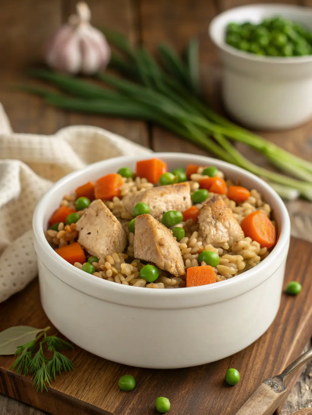 Bowl of homemade chicken, brown rice, carrots, and peas for dogs